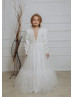 Long Sleeves Beaded Ivory Lace Satin Chic Flower Girl Dress